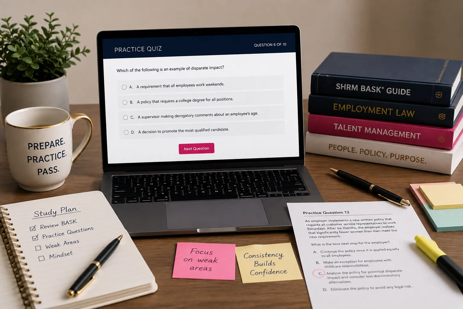A laptop showing question 6 of the HR certification practice quiz, beside a study plan, reference books and a printed practice question.
